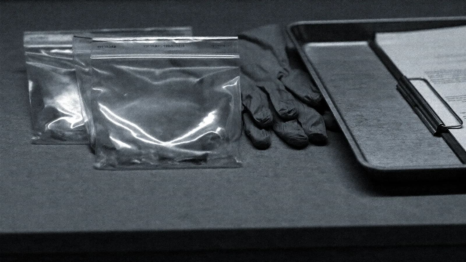 대구 마약 사건, 장갑과 빈 증거봉투가 놓인 경찰서 증거물 책상