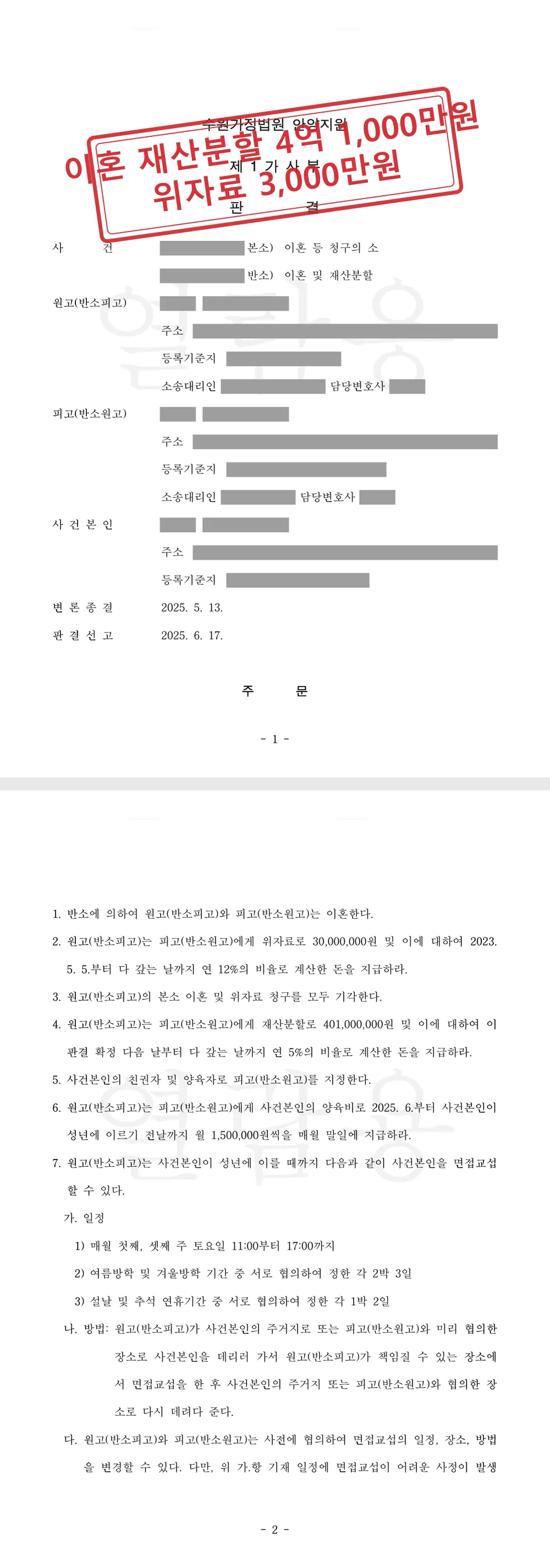 반복된 외도와 폭행, 먼저 이혼 소송을 낸 남편에게 반소로 재산분할 4억 1,000만원·위자료 3,000만원·양육권 확보 대표 이미지