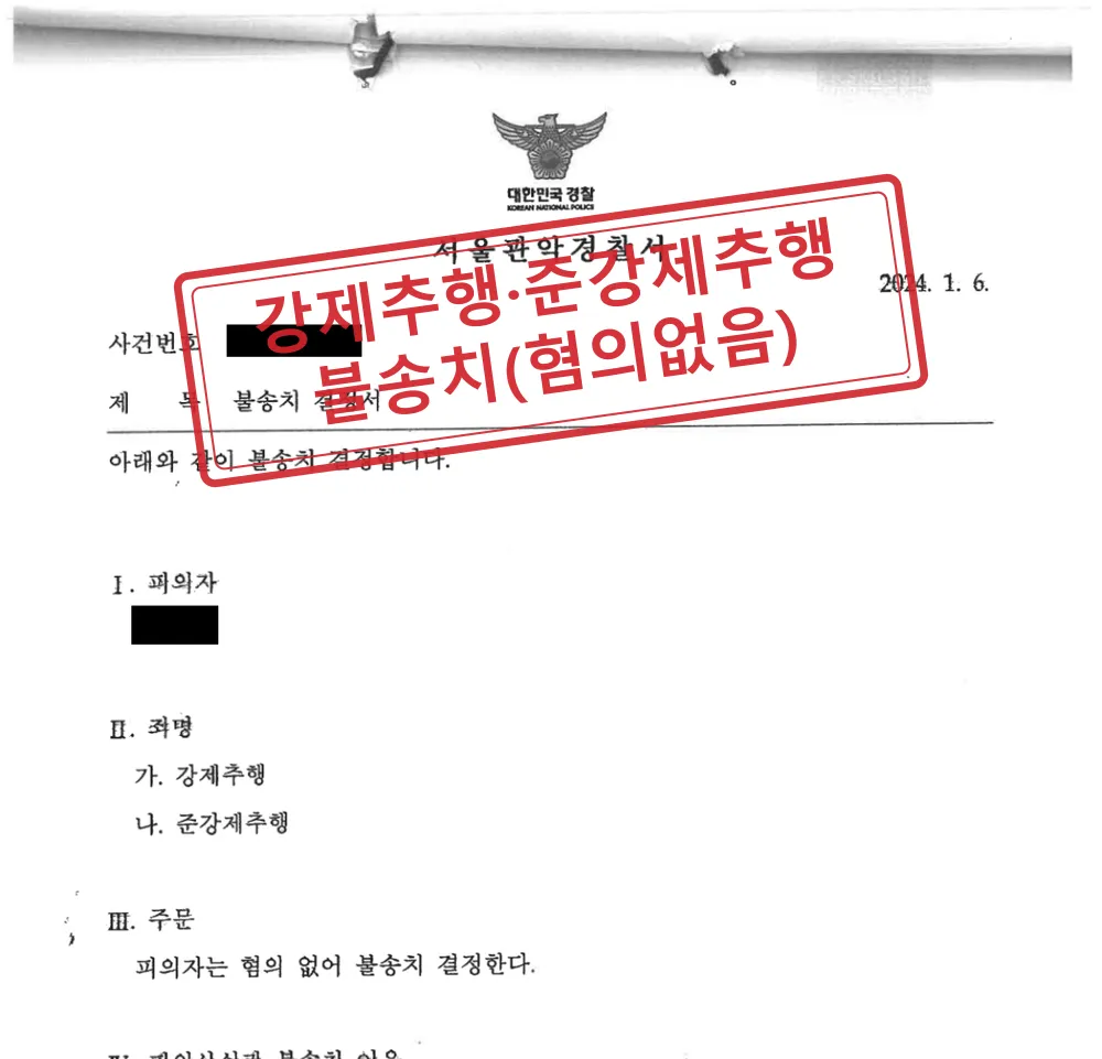 펜션 모임에서의 강제추행·준강제추행 고소, 경찰 단계 불송치(혐의없음)로 종결 대표 이미지