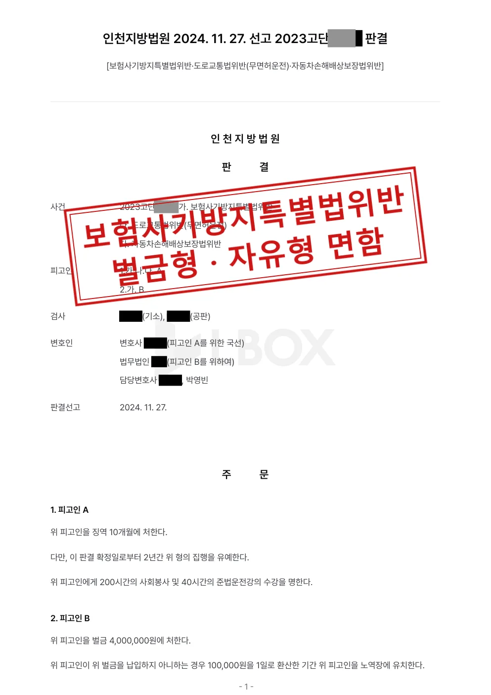 보험사기방지특별법위반 사건, 공범이 징역형(집행유예)을 받는 가운데 벌금 400만원으로 대표 이미지